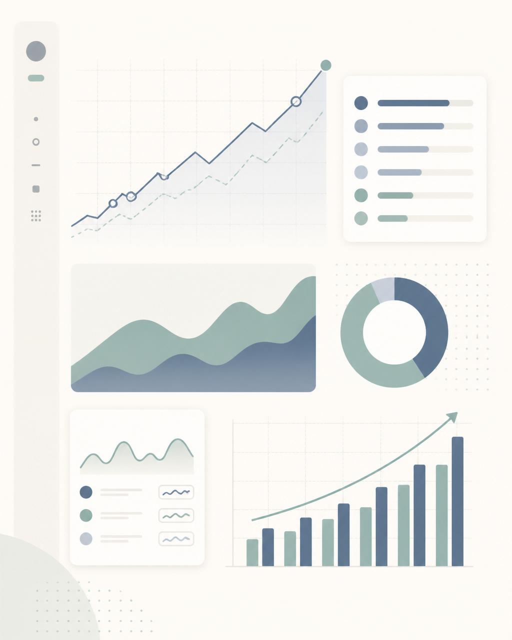 Abstract SEO analytics dashboard showing upward search ranking trends, keyword performance bars, and traffic growth charts