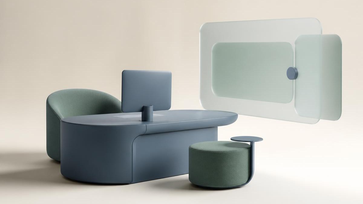 3D render of stylised office furniture forms beside a floating glass interface panel