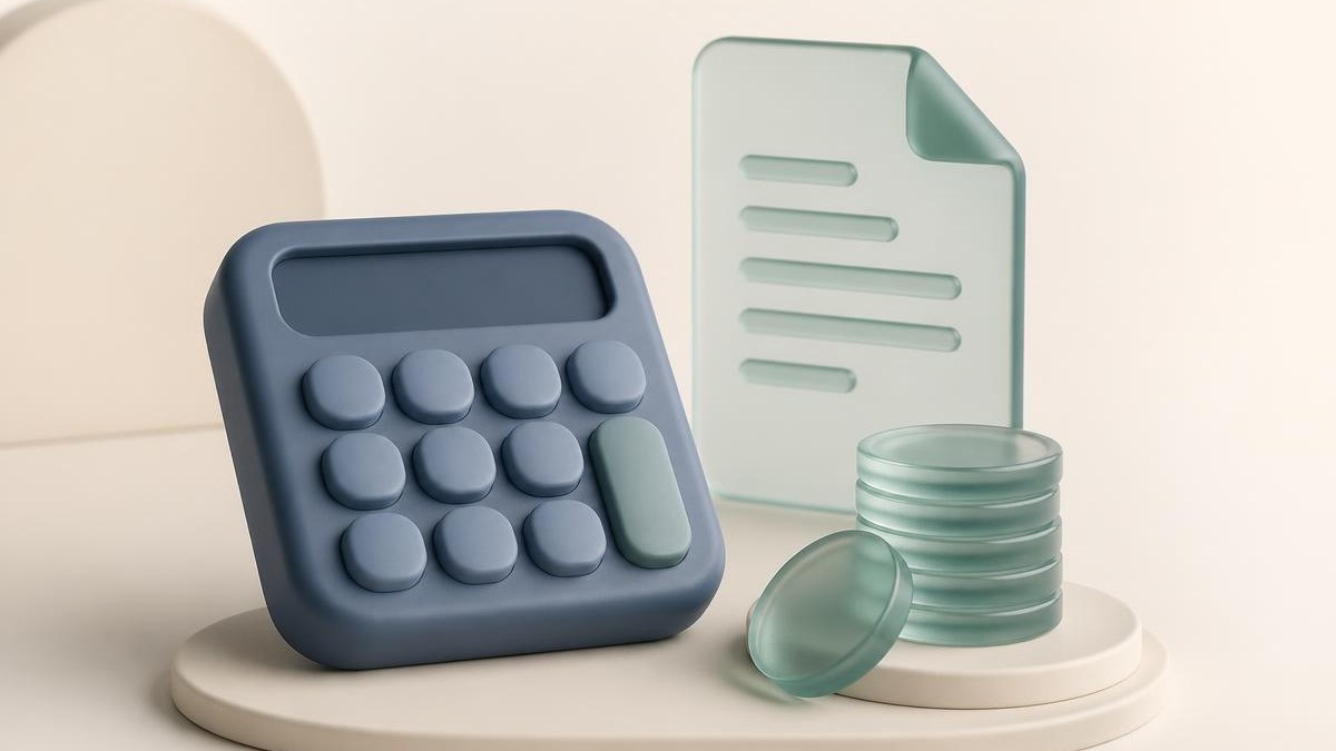 3D render of a rounded calculator block with a glass coin stack and document plate